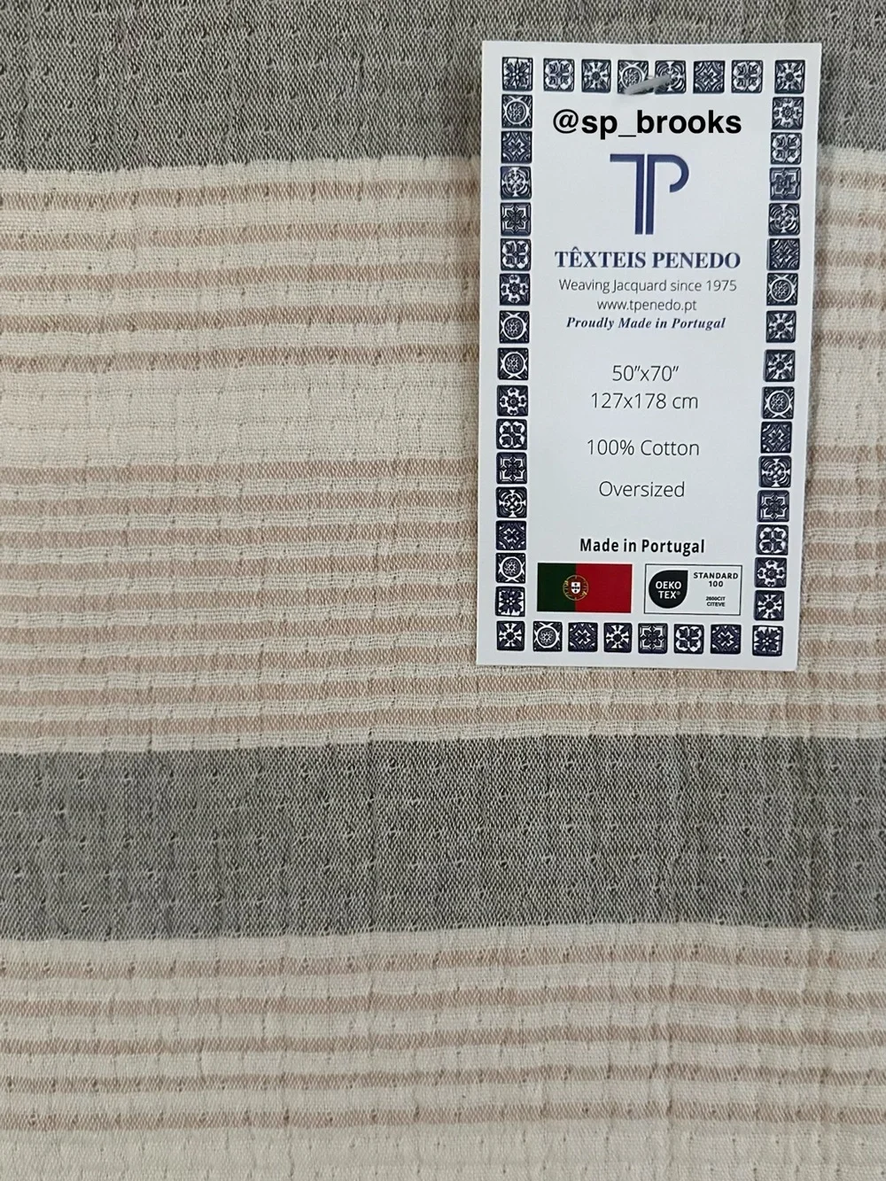 🎁Texteis Penedo Throw Blanket - Gray and Tan Stripe Pattern -Cotton Mixed Stripe